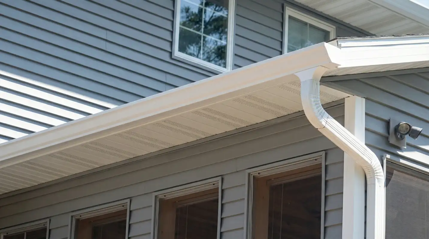 Professional home remodeling project showing newly installed white seamless gutters and downspouts on a house with gray siding in Boulder, CO