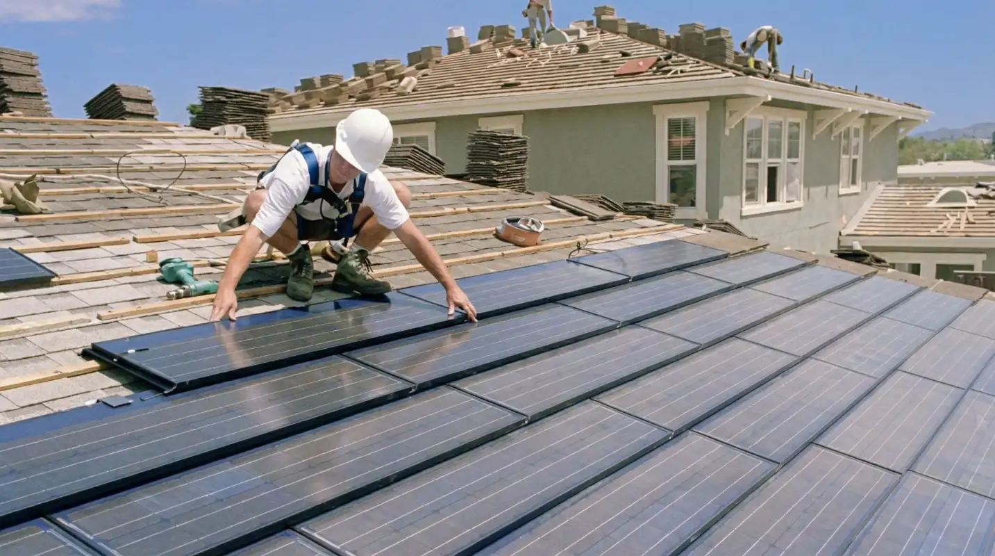 Roof replacement expert installing modern solar shingles on a residential home in Boulder, CO