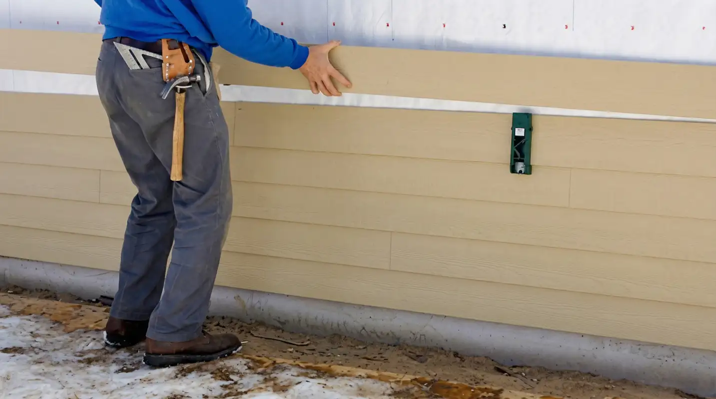 Siding replacement expert carefully aligning a new tan siding panel onto a residential exterior wall in Boulder, CO