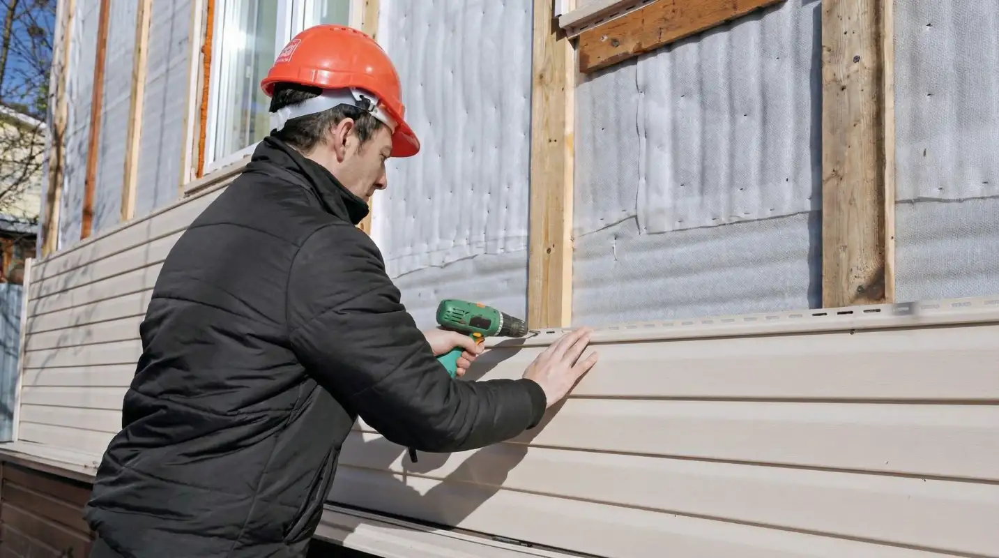 Siding replacement professional using a power drill to install new tan vinyl siding on a home exterior in Boulder, CO