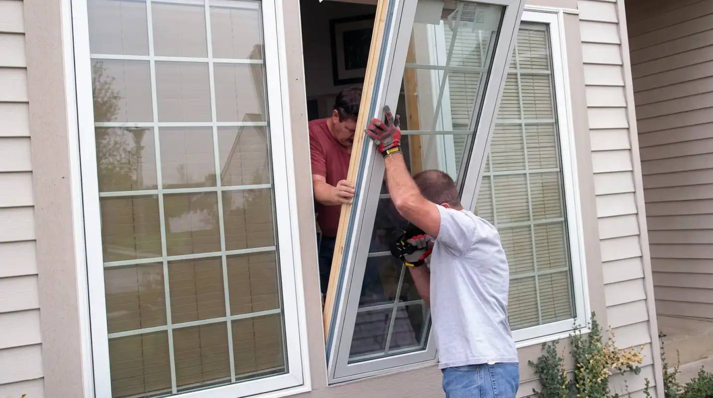 Professional home remodeling team installing a large replacement window on a house with tan siding in Boulder, CO